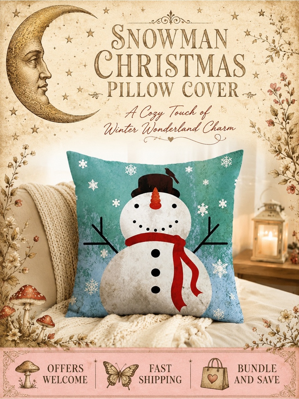 Snowman Christmas Pillow Cover 18x18 Winter Holiday Cushion Cover